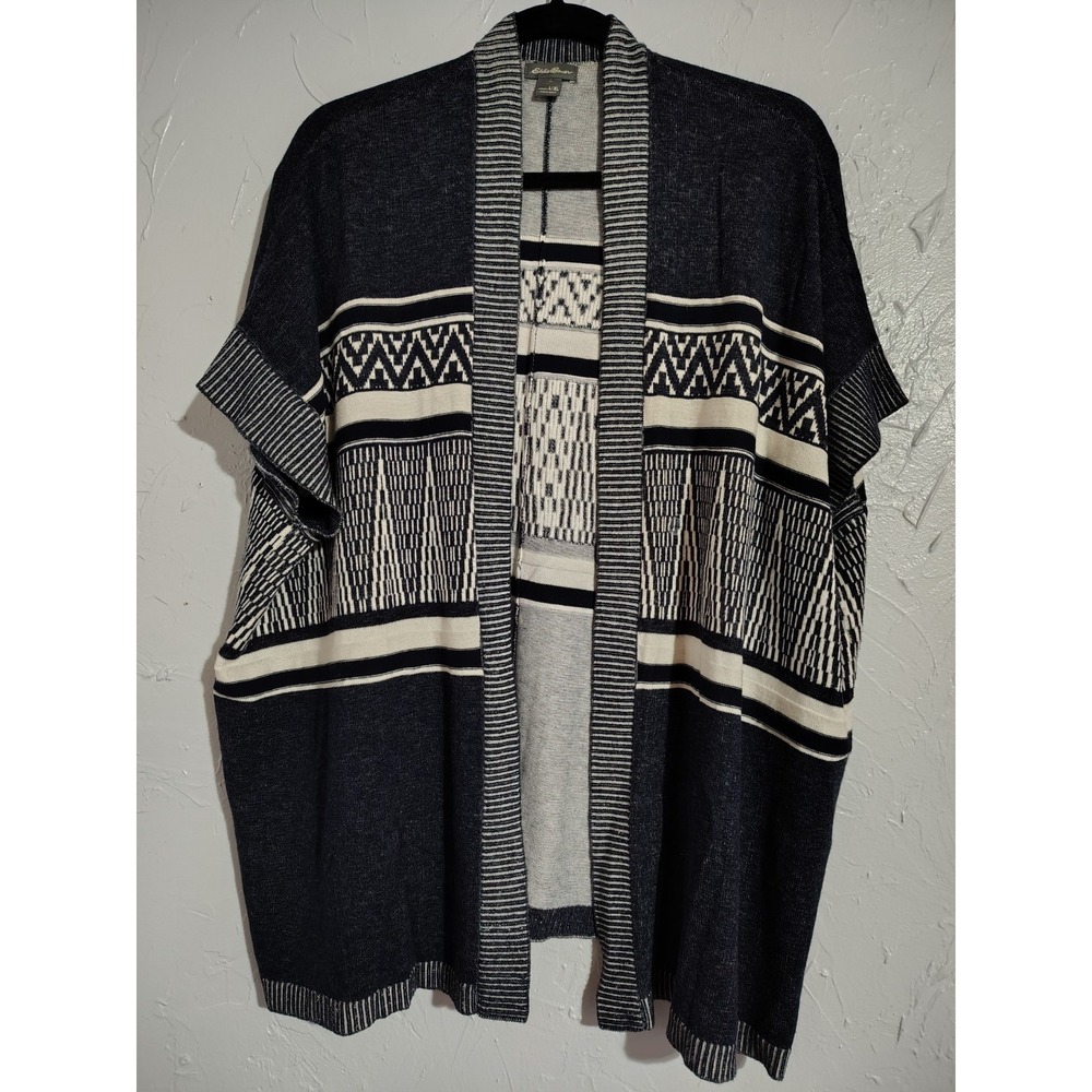 EUC Eddie Bauer Blue and Cream Geometric Open Cardigan